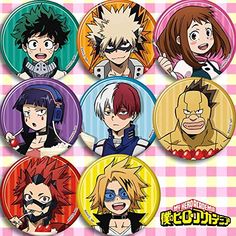 six anime character badges on a pink and white checkered background