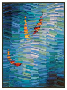 a piece of art made out of strips of blue, green and orange paper with an image of a bird on it