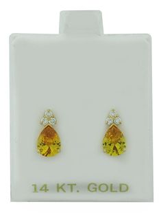 Karat : 14K Yellow Gold  Gemstones : 2 created Yellow Topaz  Total ct weight : 1.96 carats  Yellow topaz grades,  Hue . . . yellow  Tone . . . medium dark  Saturation . . .  vivid  No inclusions or flaws 6 created White Sapphires - 0.03 ct each  Dimension of earrings : 12 mm (0.47") x 6 mm (0.23")  Type of Setting : prong  Shape of Stone : pear & round   PLEASE READ THE FOLLOWING INFORMATION!    International Customers:  The import duties, taxes and charges will not included in the item price or shipping charges and are the buyer's responsibility. Before placing a bid, please review what the charges will be with your country's customs office. We are not responsible for any extra fees they set. By bidding on this item, you are aware of this circumstance. Return Policy | Rules and Regulation Topaz Yellow, Sapphire Earrings Studs, Yellow Tone, Dark Autumn, Sapphire Studs, Gold Sign, Yellow Tones, Sapphire Earrings, Yellow Sapphire