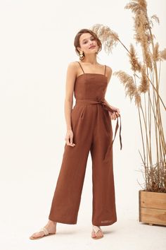 Summer Jumpsuit Outfit, Kimono Lingerie, Natural Linen Pants, Jumpsuit Denim, Brown Jumpsuits, Linen Romper, Linen Jumpsuit