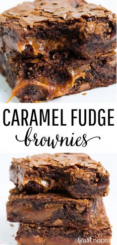 chocolate caramel fudge brownies stacked on top of each other with the title above it