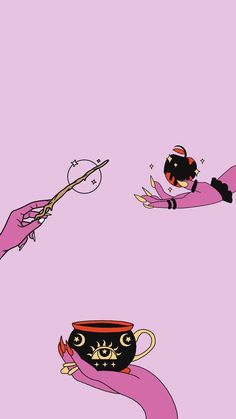 three cartoon characters flying in the air with coffee cups on their hands and one holding a wand