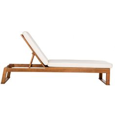 a wooden chaise lounger with white cushions on it's back and legs