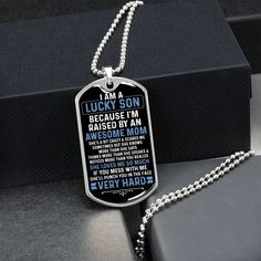 "Our personalized dog tag necklaces make for a unique and special gift for your son. The necklaces are coated with a shatterproof liquid glass to protect the personalized message, and are available in surgical steel or 18k gold finish options. This gift is sure to be a treasured keepsake that your son will love. Additionally, our jewelry is personalized in the USA by hardworking mothers. We are proud to support strong communities and create job opportunities in America. By choosing our products, Dog Tags Military, To My Son, High Expectations, Estilo Preppy, Glass Coating, Working Mother, Son Gift, Wedding Jewellery Necklace, Love Mom