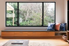 a living room filled with furniture and large windows