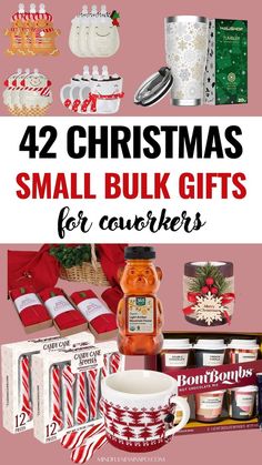 42 Christmas small bulk gifts for coworkers featuring Christmas sheet masks, winter insulated coffee tumbler, Christmas shawl, small Christmas candles, bombombs hot chocolate mix in cute small coffee cups packaging, candy cane, mug in a holiday sweater, honey bear and more gift ideas in the gift guide on mindfulnessinspo.com Cheap Coworker Gifts, Christmas Gifts In Bulk, Cute Christmas Gifts For Coworkers, Gifts For Large Groups, Small Holiday Gift Ideas, Inexpensive Christmas Gifts For Coworkers, Cheap Gifts For Coworkers, Bulk Gifts For Coworkers, Small Office Gifts