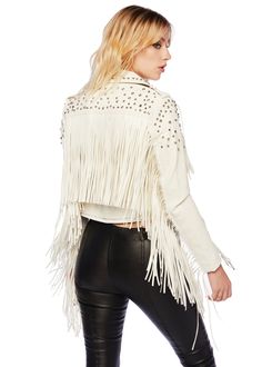 western fringe jacket White Fringe Leather Jacket, Grass Dance Outfits, Shaggy Jacket, Fringe Clothing, Classy Coat, Velvet Flare Pants, Rock Vintage, Velvet Flares, Fringe Leather Jacket