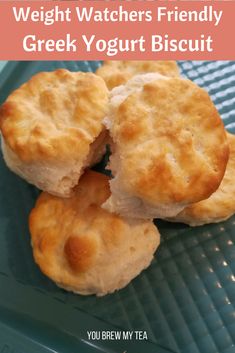 three biscuits on a blue plate with text overlay saying weight watchers friendly greek yogurt biscuit