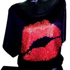 Sexy Red Lips On A Black Slouchy Top With Shiny Glitter Lettering. ***Great Valentine's Day *** Made From Our Exquisite Flowy Poly Viscose, This Dolman Tee's Rich And Luxuriously Soft Fabric Is Designed To Drape Perfectly And Accentuate Your Figure. Specs: 65% Poly 35% Viscose, 30 Single 3.7 Oz./Yd2. Flowy Fabric With A Great Look. Machine Wash Cold, No Bleach, Hang Dry (Sm 18 1/2 Wd 27 1/8 Lnth) (Md 19 1/2 Wd 27 5/8 Lnth) (Lg 20 1/2 Wd 28 1/4) (Xl 22 1/2 Wd 28 7/8) (2xl Glamorous Red Top For Club, Slouchy Top, Flowy Fabric, Red Lip, 30 And Single, Red Lips, Soft Fabric, Soft Fabrics, Black Red