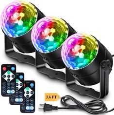 three colorful lights with remote controls on the side and four different color lights in front