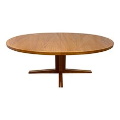 an oval wooden table with two legs and a circular wood top, on a white background