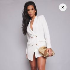 A Blazer Dress Is Everything We Are Loving For Your New Season Wardrobe And This One Is Sure To Be At The Top Of Your Hitlist. Featuring A White Material With An Asymmetric Design And Gold Button Detailing, We Are Obsessed. This Tuxedo Dress Is The Perfect Must-Have Wardrobe Piece You Can Wear From Season To Season, Add To Bag Doll! Just Style With Gold Heels And Accessories For The Ultimate Weekend-Ready Vibe That Is Sure To Have All Eyes On You Size 8 (M) Runs Big, Fits Like A Large Original P Chic V-neck Single Breasted Mini Dress, Single Breasted V-neck Mini Dress For Party, V-neck Single Breasted Mini Dress For Party, Formal Long Sleeve Single Breasted Mini Dress, Single Breasted Mini Dress For Night Out, Chic Double-breasted Blazer Dress For Date Night, Fitted Blazer Dress With Button Closure For Party, Formal Single-breasted Mini Dress, Single-breasted Mini Dress For Night Out