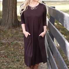 Figure Flattering Silhouette 3/4 Length Sleeve Chocolate Color Midi Dress Casual Half Sleeve Maxi Dress For Fall, Fall Dresses With 3/4 Sleeves, Elegant Half Sleeve Maxi Dress For Fall, Casual Midi Dress With 3/4 Sleeves For Fall, Fall Shift Maxi Dress, Half Sleeve Dresses For Fall Day Out, Chic 3/4 Sleeve Fall Dresses, Shift Maxi Dress For Fall, Elegant 3/4 Sleeve Maxi Dress For Fall