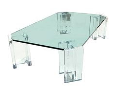 a glass table with two legs and a square shaped design on the top, sitting in front of a white background