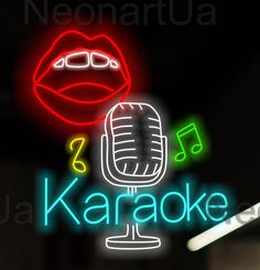 a neon sign that says karaoke with a microphone in front of it