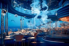 an underwater restaurant with tables and chairs