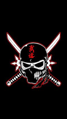 a skull and two swords with chinese characters on the front, against a black background