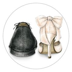 a drawing of two shoes with bows on the front and back, one in black and white