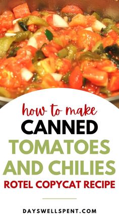 how to make canned tomatoes and chilis in a pot with the title overlay