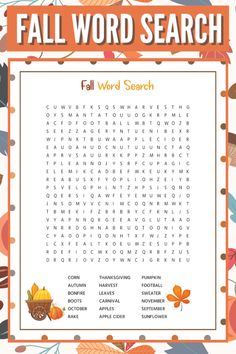 the fall word search is shown with leaves and acorns on it, as well as an orange frame