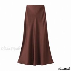 Olivia Mark - Ice Silk Satin Mermaid Slimming Vintage Mid-Calf Skirt with Flowy Hem and Hip-Hugging Fit Mid Calf Skirt, Fabric Skirt, Fishtail Skirt, Half Skirt, Mid Length Skirts, Dark Khaki, Satin Skirt, Summer Skirts, Flowy Skirt