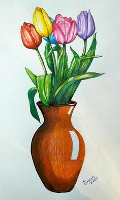 a painting of flowers in a vase on a white background with watercolor pencils