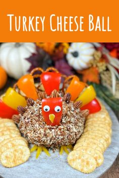 a turkey cheese ball on a plate with crackers