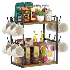 a shelf with coffee cups, saucers and other kitchen items on top of it