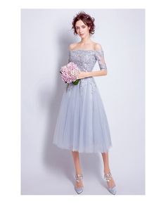 Romantic A-line Off-the-shoulder Tea-length Tulle Formal Dress With Lace Tea Length Dress With Sleeves, Tulle Tea Length Dress, Tea Length Homecoming Dresses, Dresses Sparkle, Tea Length Tulle, Shoulder Off, Tea Length Dress, Mini Prom Dresses, Banquet Dresses