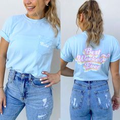 two pictures of a woman with her back to the camera, one wearing a t - shirt that says best weekend ever