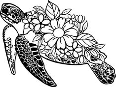 a black and white drawing of a sea turtle with flowers on it's back