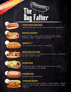 a menu with different types of hot dogs