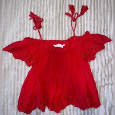 Nwot. Had In My Closet For A Bit And Just Haven’t Reached To It. Trying To Downsize And Deciding To Part With It. Adorable Flowy Top With Off The Shoulder Sleeves And Tassel String Ties. Detailed Embroidery Design. Fitted Summer Holiday Tops, Sleeveless Tops For Spring Holiday, Red Embroidered Holiday Tops, Red Bohemian Tops With Lace Trim, Bohemian Red Tops With Lace Trim, Red Off-shoulder Blouse For Spring, Red Lace Trim Top For Summer, Bohemian Summer Holiday Top, Red Floral Embroidered Summer Blouse