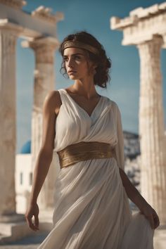 a woman in a white dress standing next to some pillars and looking off into the distance