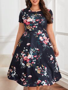 Plus Floral Print A-line Dress Navy Blue Elegant  Short Sleeve Knitted Fabric Floral,All Over Print A Line Slight Stretch Summer Women Plus Clothing, size features are:Bust: ,Length: ,Sleeve Length: Aline Midi Dress, Sukienki Plus Size, Woman Dresses, 파티 드레스, Diy Vetement, Business Dress, Patchwork Dress, Amazon Com, Amazon Women