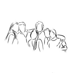 a black and white drawing of three people standing in a line with their arms around each other