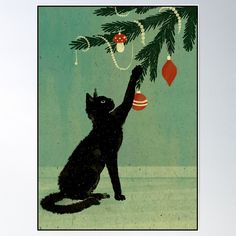 a black cat sitting under a christmas tree with ornaments hanging from it's branches