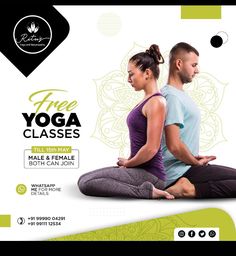 a man and woman doing yoga in front of an advertisement for a class on yoga