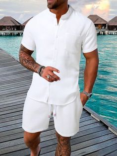 White Casual Collar Short Sleeve  Plain  Embellished Non-Stretch Summer Men Clothing Summer Fits Guys, Sets Outfit 2 Piece Summer, Sets Outfit 2 Piece, Guys Summer Outfits, Vacations Outfits, Summer Fits Men, White Outfit For Men, White Party Outfit, 2 Piece Short Set