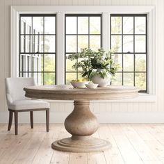 a dining room table with two chairs and a potted plant in the center on top