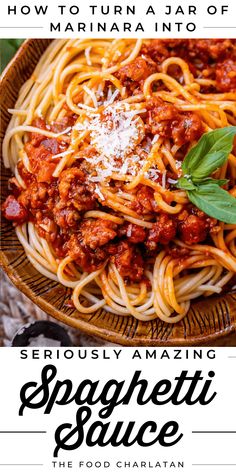 spaghetti sauce on a plate with the title how to turn a jar of marinara into seriously amazing spaghetti sauce