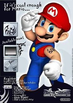 an advertisement for the nintendo game console with mario on it's back and other items