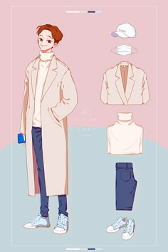 a man in a trench coat standing next to some clothes and shoes on a pink background