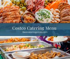 the costco catering menu is displayed with different types of food and dishes on it