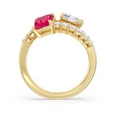 An alternative sparkler for the woman who wants something extremely romantic yet a bit out of the ordinary. This two-stone "toi et moi" engagement ring symbolizes the meeting of two individuals. The band does not form a closed circle and instead splits and coils. Each end is punctuated by an emerald-cut diamond and Created Ruby, accentuated by a short row of princess-cut diamonds. Gorgeous Engagement Ring, Ruby Gemstone, Match Making, Emerald Cut Diamonds, Princess Cut Diamonds, Coils, Lab Diamonds, Diamond Earrings Studs, High Quality Jewelry