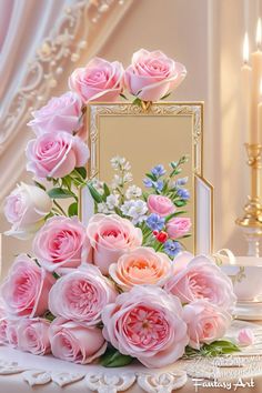 a bouquet of pink roses sitting on top of a white table next to a mirror