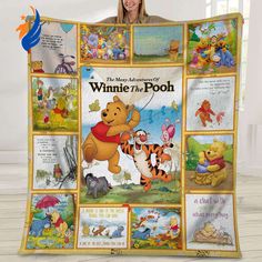 the winnie the pooh blanket is on display in front of a woman's face