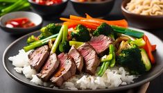 a plate with rice, broccoli, carrots and meat on it next to bowls of vegetables