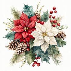 a watercolor christmas bouquet with poinsettis and pine cones