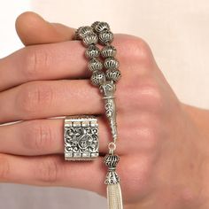 This special handmade real silver Tesbih, which is original 925 sterling silver, is completely handcrafted to order. This special handmade real silver Perforated Ball Rosary, which is original 925 sterling silver, is produced by hand, completely on order. The chain, the imam, the tassel, each piece are individually handcrafted from original silver. It is made of 41.52 gr pure silver. (Consider its weight compared to other silver items)  All details including the rope, tassel, imame and all are m Bohemian Silver Jewelry With 8mm Beads, Silver Round Beads For Jewelry Making, Rope Tassel, Beads Designs, Silver Items, Gift For Brother, 925 Sterling Silver Chain, Beaded Tassels, Prayer Beads